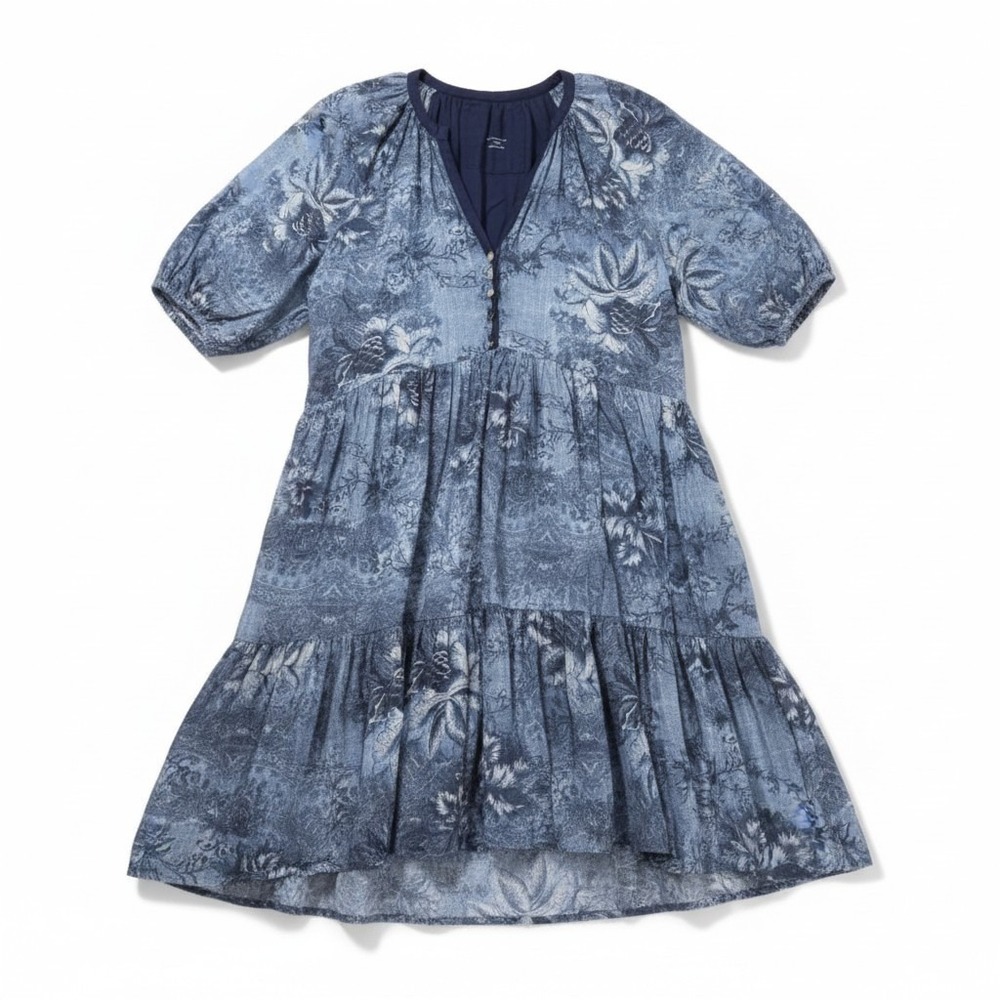 Love Kyla Tiered Midi Dress Large Blue Cotton Floral Block‎ Print Coastal Boho